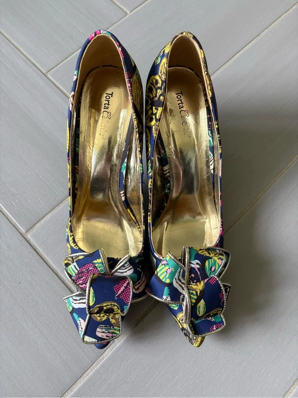 Navy Multicolor Printed Heels with Bow Accent